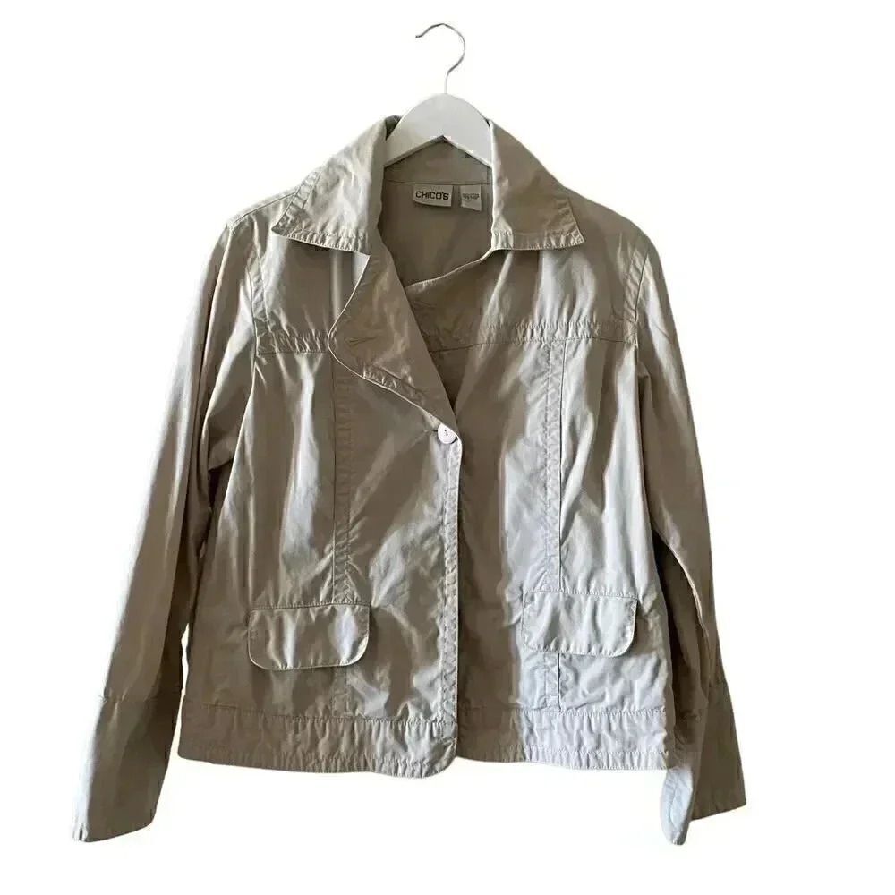 Chicos Cotton Tan One Button Lightweight Cozy Womens Jacket SZ 1